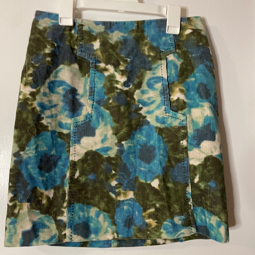 Floral Corduroy A‎ Line Skirt Womens Blue Green Casual Cottagecore